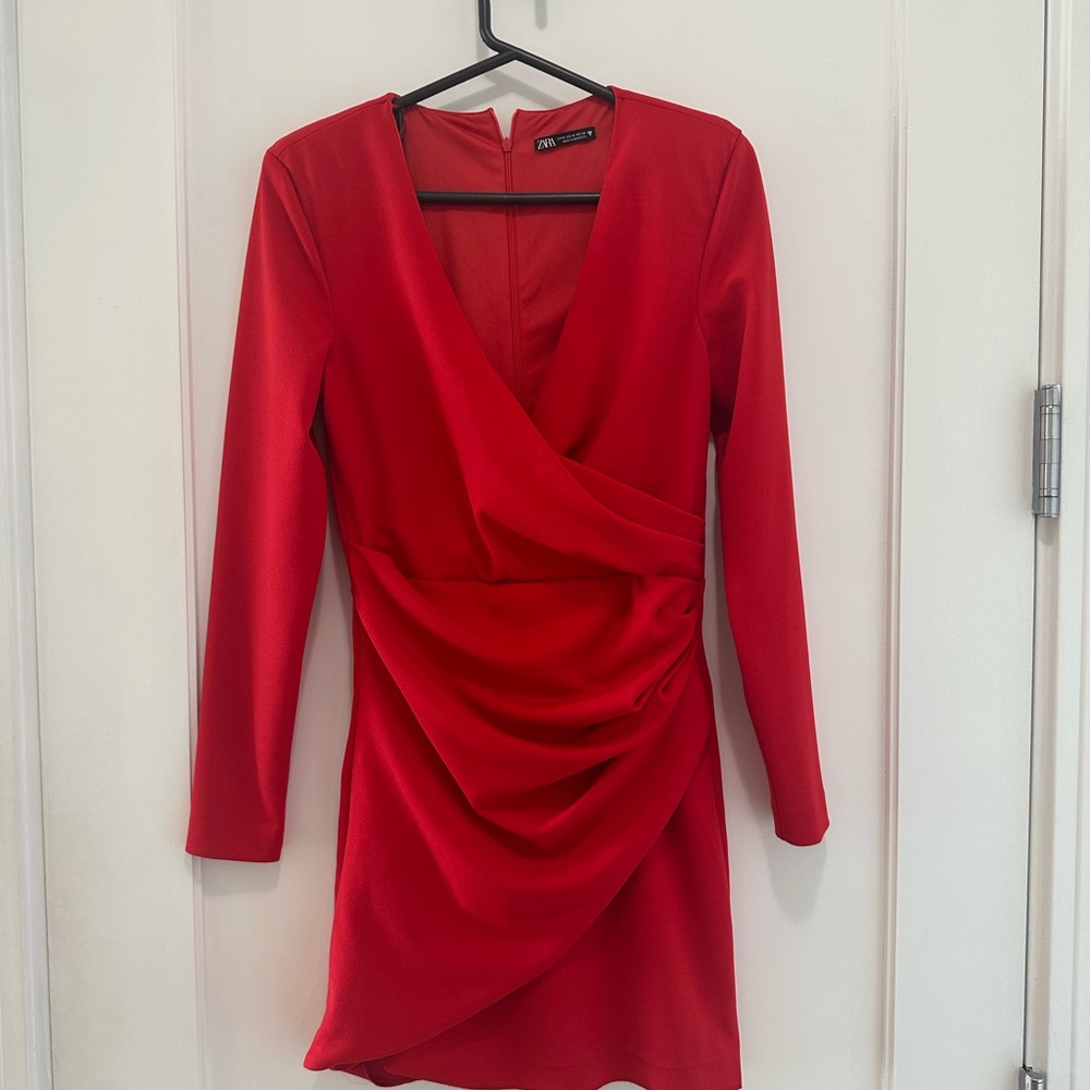 Zara Red Ruched Long Sleeve Cocktail Dress